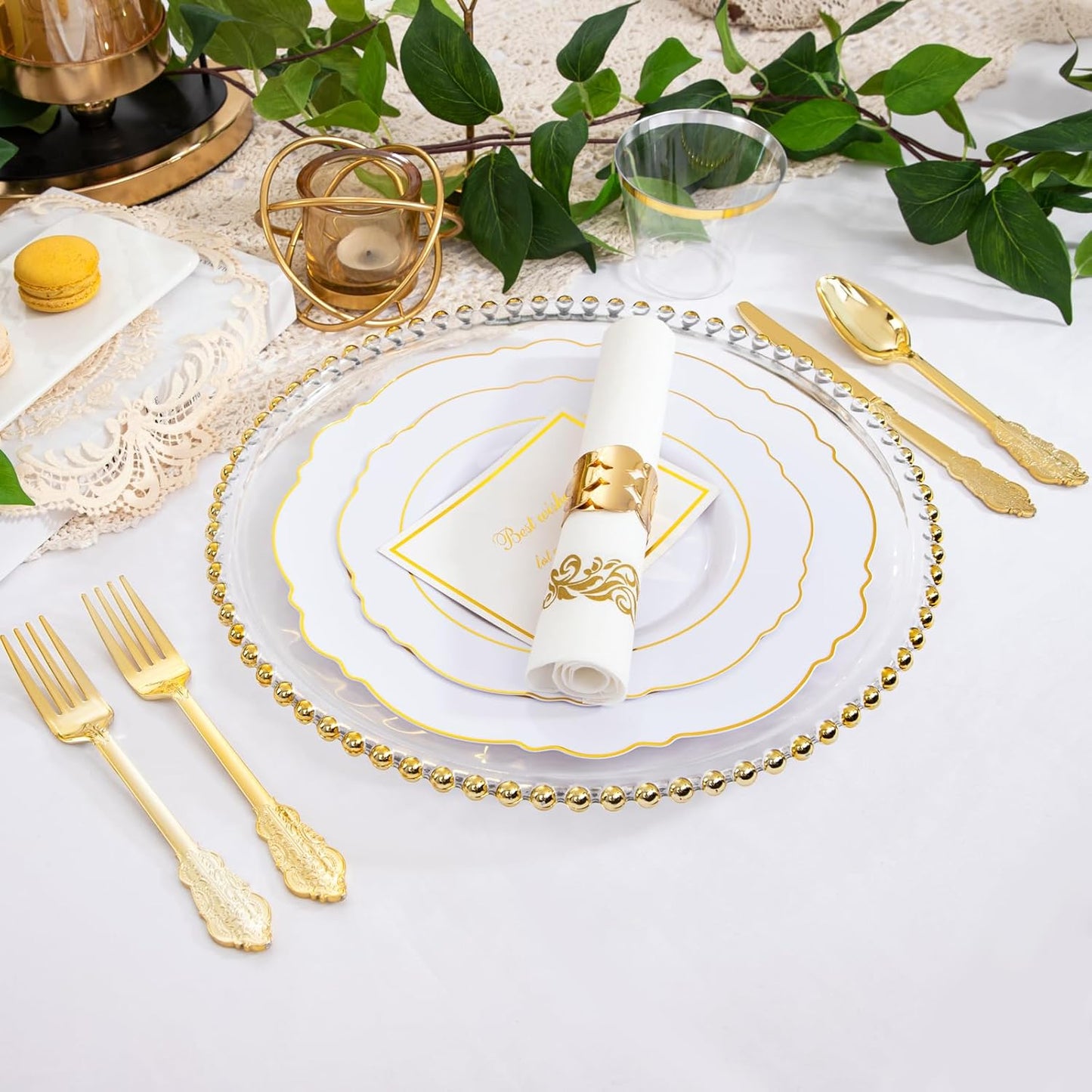 350 Pieces Black and Gold Plastic Plates with Disposable Silverware, Include 50 Dinner Plates 9”, 50 Dessert Plates 6.3”, 50 Black Cups 9 OZ, 50 Pre Rolled Napkins for Wedding Party Graduation