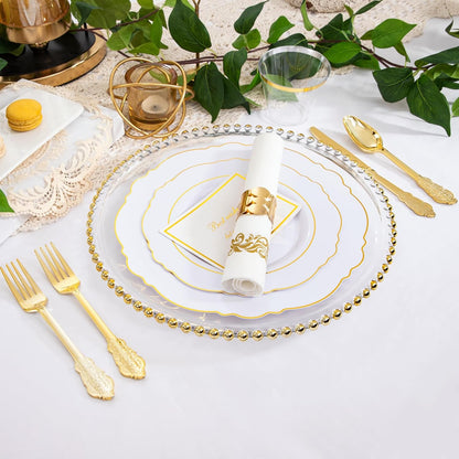 350 Pieces Black and Gold Plastic Plates with Disposable Silverware, Include 50 Dinner Plates 9”, 50 Dessert Plates 6.3”, 50 Black Cups 9 OZ, 50 Pre Rolled Napkins for Wedding Party Graduation
