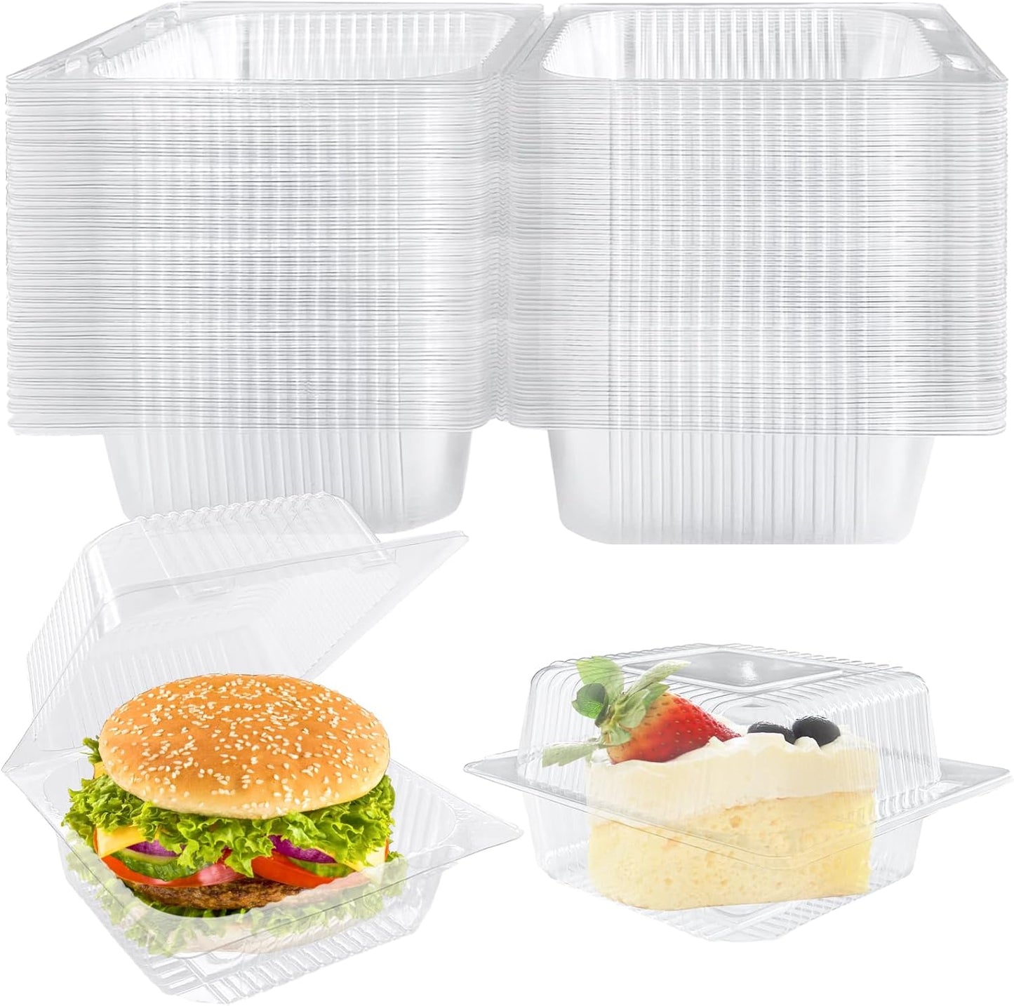 Jizvxe 100 Pack Clear Plastic Square Hinged Food Container,Disposable Plastic To Go Containers with Clear Lids,Cake Slice Containers Clamshell Takeout Tray for Pastry,Salad,Dessert(5.1"x 4.7"x 2.8")