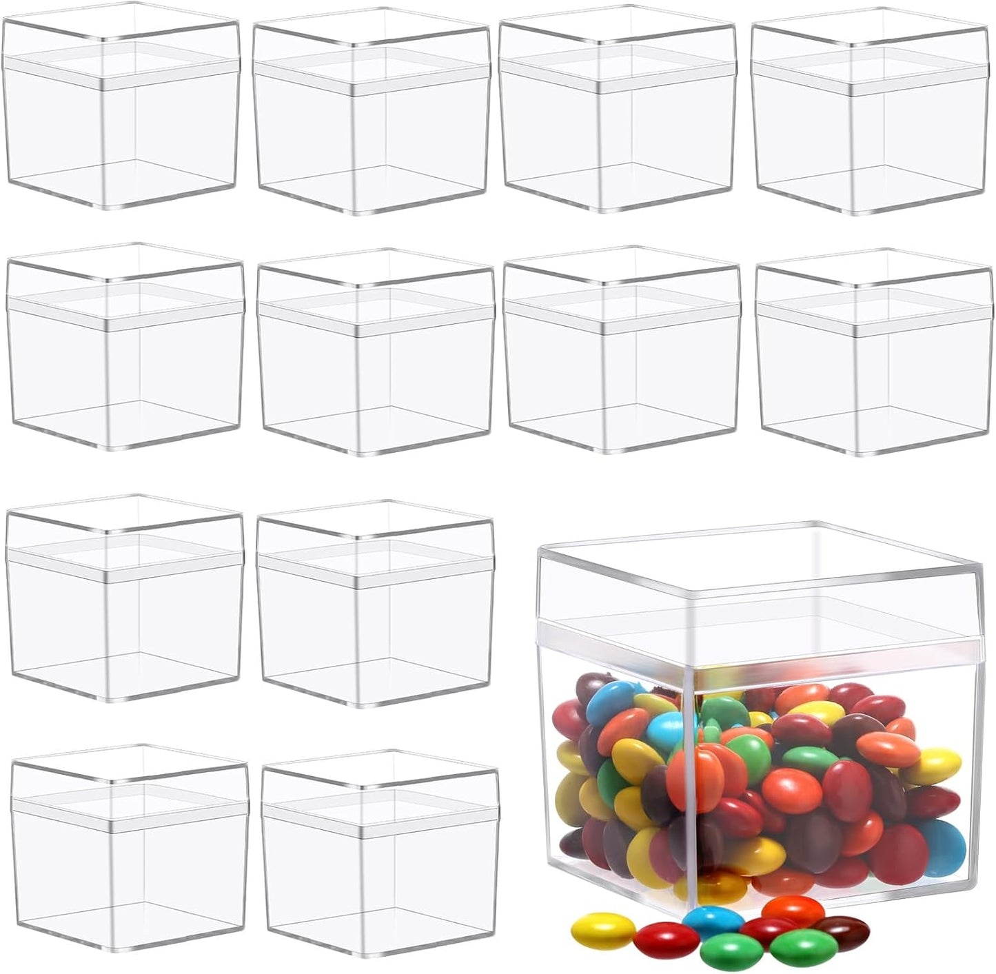 Leinuosen 100 Pcs 2 x 2 x 2 Inch Clear Acrylic Plastic Box with Lid Square Candy Containers for Party Favors Small Square Cube Storage Candy Box for Pill Tiny Earring Jewelry Herb Bead Gifts