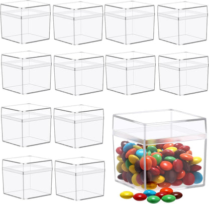 Leinuosen 100 Pcs 2 x 2 x 2 Inch Clear Acrylic Plastic Box with Lid Square Candy Containers for Party Favors Small Square Cube Storage Candy Box for Pill Tiny Earring Jewelry Herb Bead Gifts