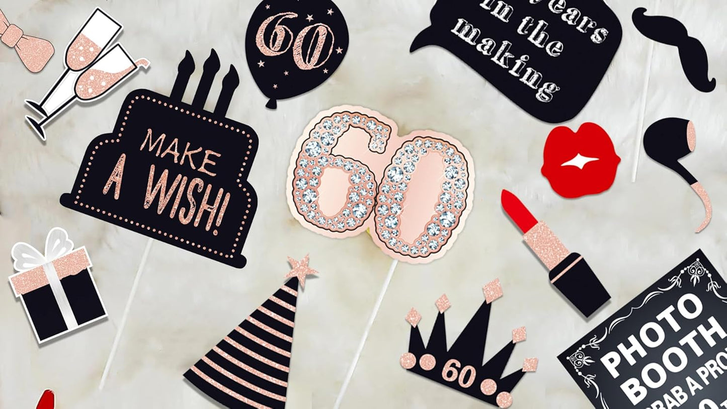 32pcs 60th Birthday Photo Booth Props for Men Women, 60 Birthday Selfie Props Kit, Classic Black Gold Happy 60th Birthday Party Supplies, Cheers to 60 Years Old Bday Decor