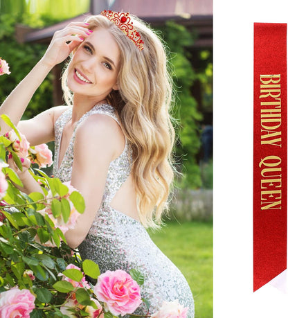Happy Birthday Queen Tiara Crowns for Women, Red Sash, Party Favors Supplies Gift, 30th Decorations, Stuff Accessories