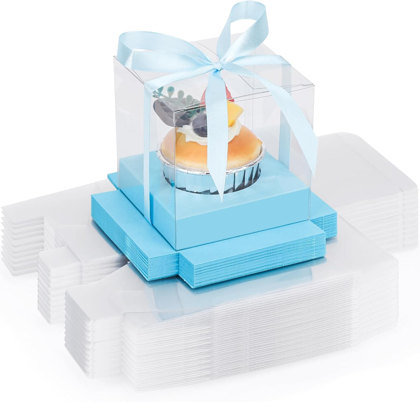 EUSOAR Individual Cupcake Holder, 50pcs 3.5 Inch Plastic Black Cupcake Containers with Lids, Single Transparent Display Clear Cupcake Carrier with Ribbon and Inserts for Wedding Party Favor