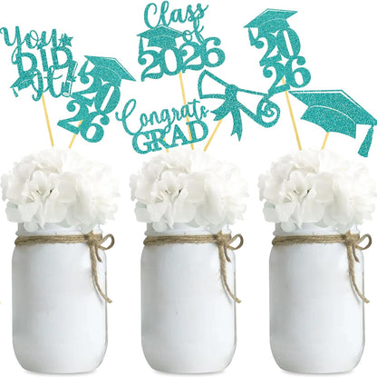 Graduation Centerpiece Sticks 24PCS Glitter Grad Picks Party Table Decor Senior High School College Sign Gold