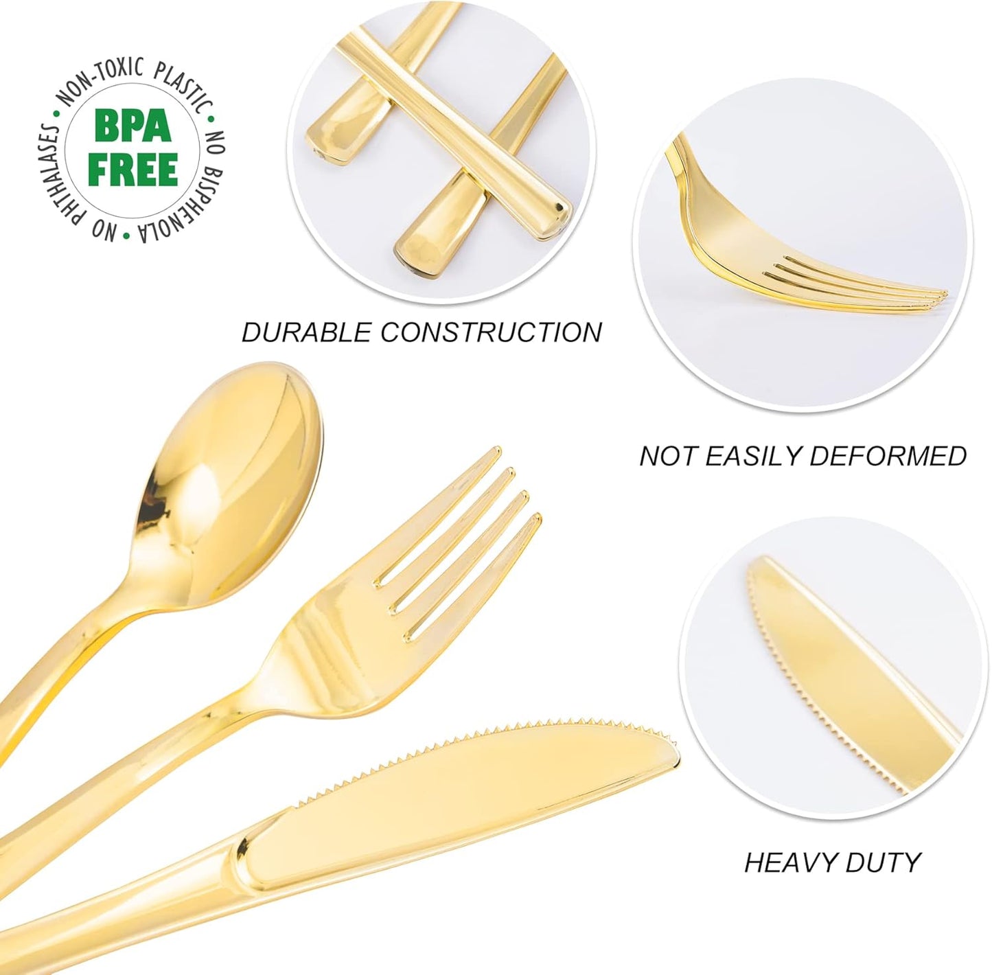 N9R 60PCS Gold Plastic Silverware - Gold Plastic Cutlery Set Disposable Flatware Dinnerware -30 Forks, 15 Spoons, 15 Knives for Party, Thanksgiving, Christmas