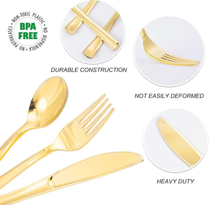 N9R 60PCS Gold Plastic Silverware - Gold Plastic Cutlery Set Disposable Flatware Dinnerware -30 Forks, 15 Spoons, 15 Knives for Party, Thanksgiving, Christmas
