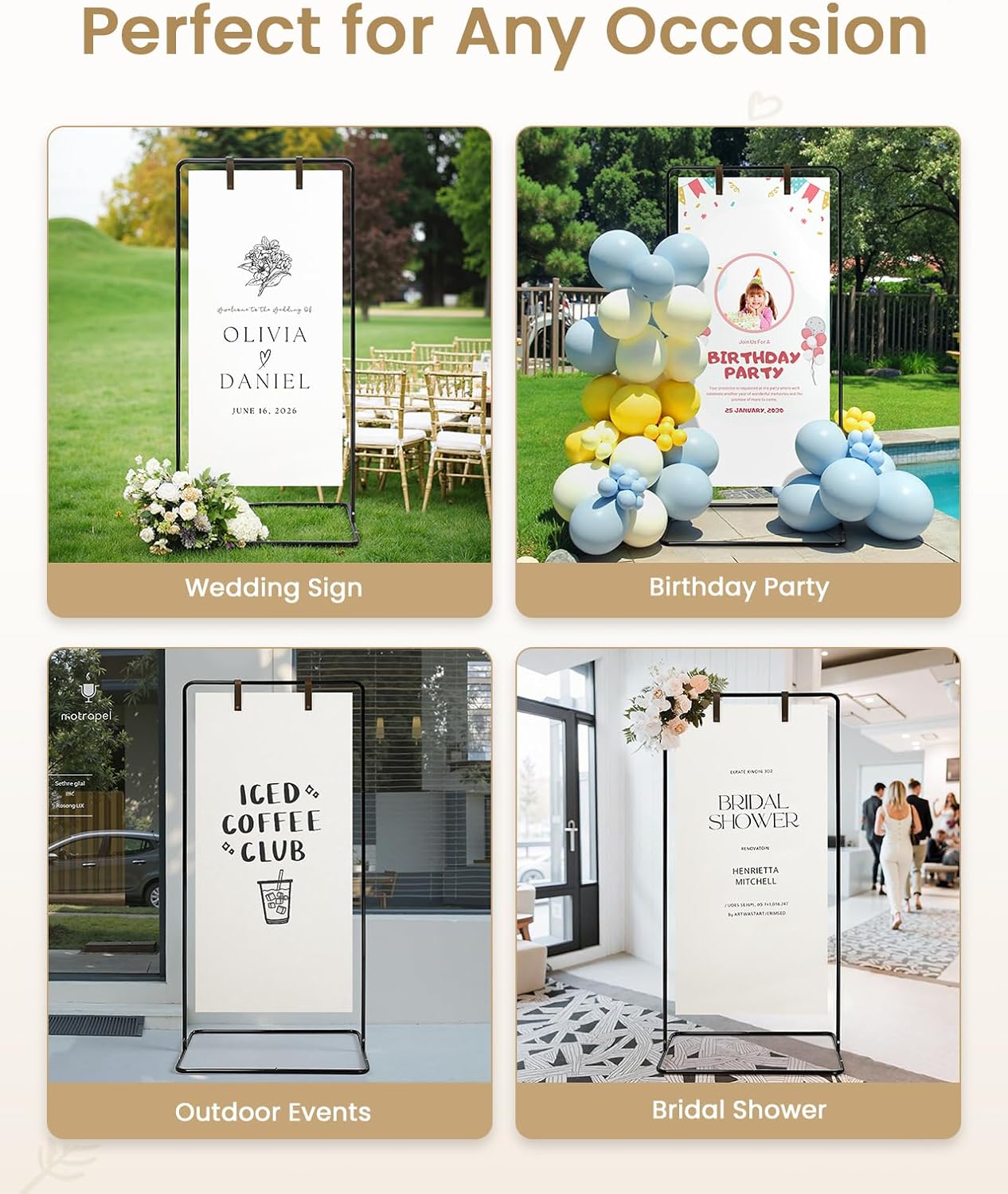 Wedding Welcome Sign Stand, Welcome to our Wedding Sign Holder, Black Easel Stand for Sign Poster With Design Bundle & Ground Stakes & Leather Sign Hanging Straps, Linen Sign Stand for Wedding Decor