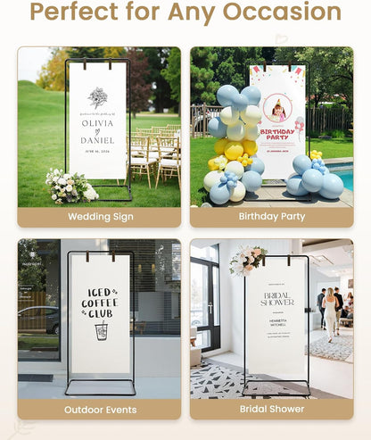 Wedding Welcome Sign Stand, Welcome to our Wedding Sign Holder, Black Easel Stand for Sign Poster With Design Bundle & Ground Stakes & Leather Sign Hanging Straps, Linen Sign Stand for Wedding Decor