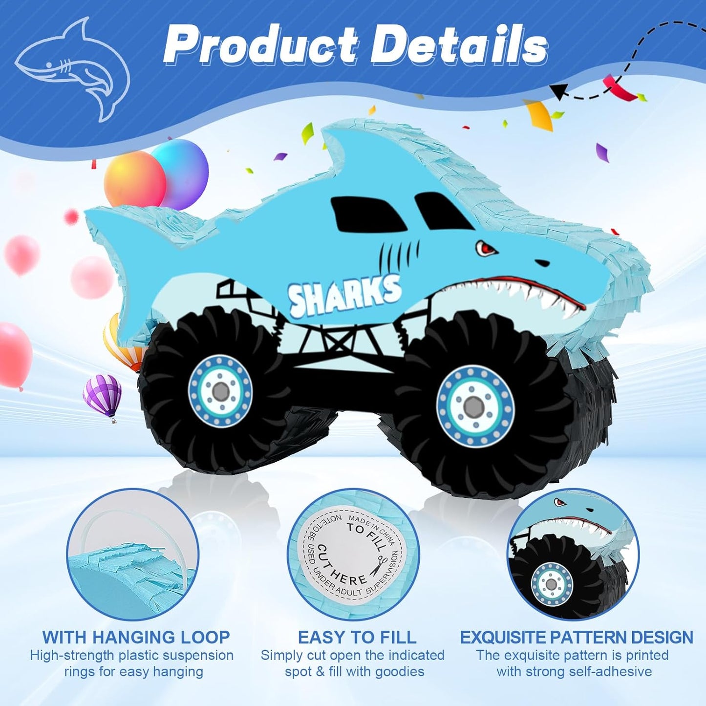 Shark Truck Pinata - Monster Truck Pinata with Blindfold and Bat for Kids Shark Monster Truck Theme Birthday Party Game Decorations (Small Size 16.7”x10.2”x3”)