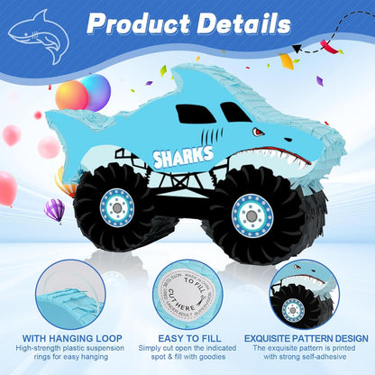 Shark Truck Pinata - Monster Truck Pinata with Blindfold and Bat for Kids Shark Monster Truck Theme Birthday Party Game Decorations (Small Size 16.7”x10.2”x3”)