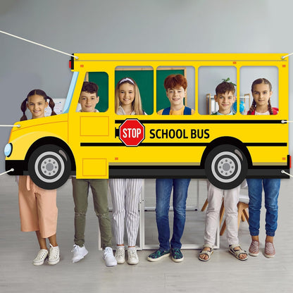 School Bus Photo Prop Selfie Frame Back to School Backdrop Party Decoration First Day of School Photo Booth Welcome Party Banner Supplies for Students Teacher Birthday Yellow Bus Party Sign