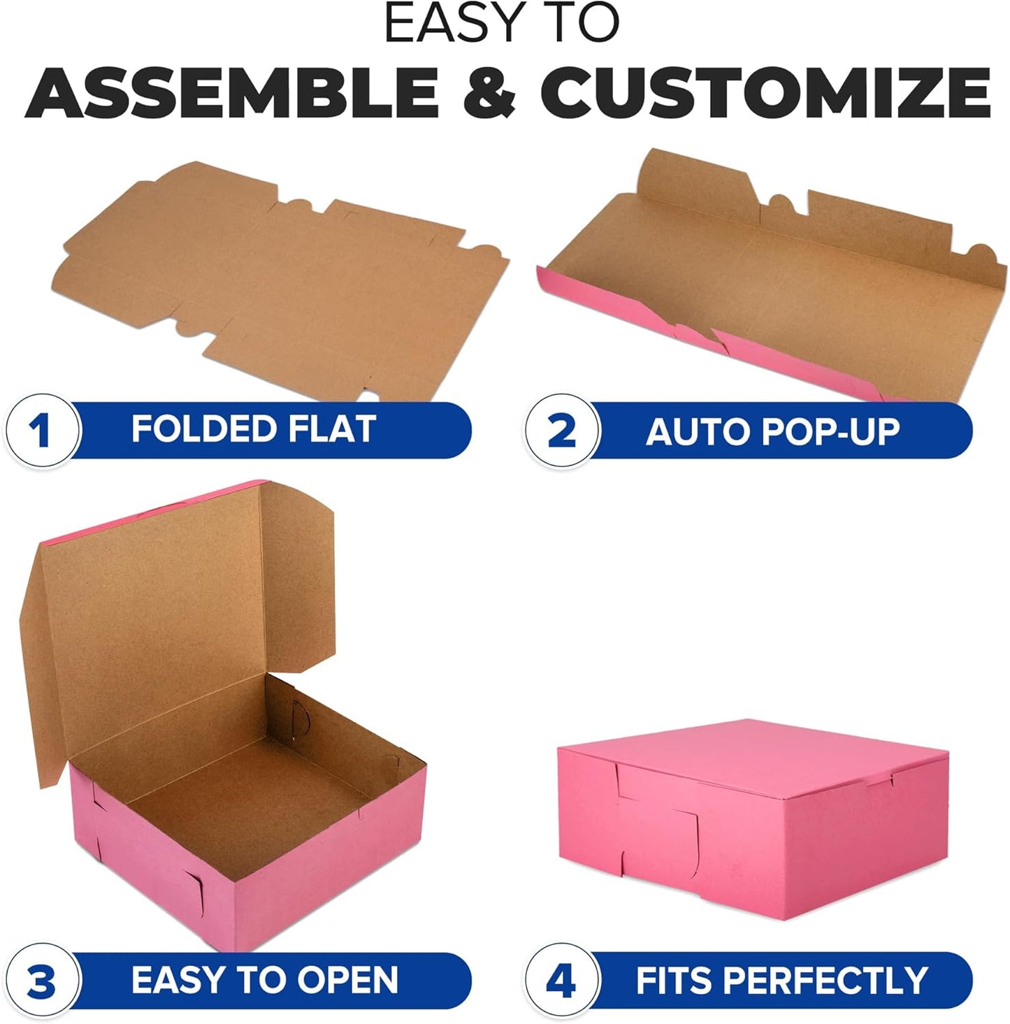 Fit Meal Prep [25 Pack] Pink Bakery Boxes 8x8x4 Pastry Box for Cupcakes, Desserts, Cookies, Candies Ideal Packaging for Bakeries and Home-made Baked Goods, Favors, and Gifts