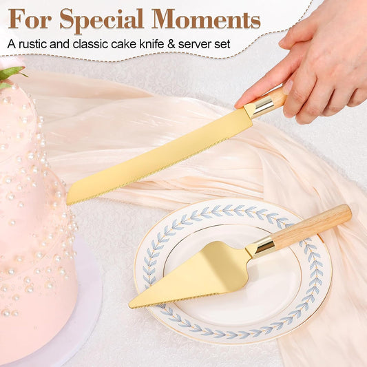 Gold Cake Cutting Set for Wedding, Wood Cake Knife and Server Set, Vintage 2-Piece Pie Cutter Set, Serrated Pizza Dessert Utensils, Bridal Birthday Quinceañera Gift (Walnut color)
