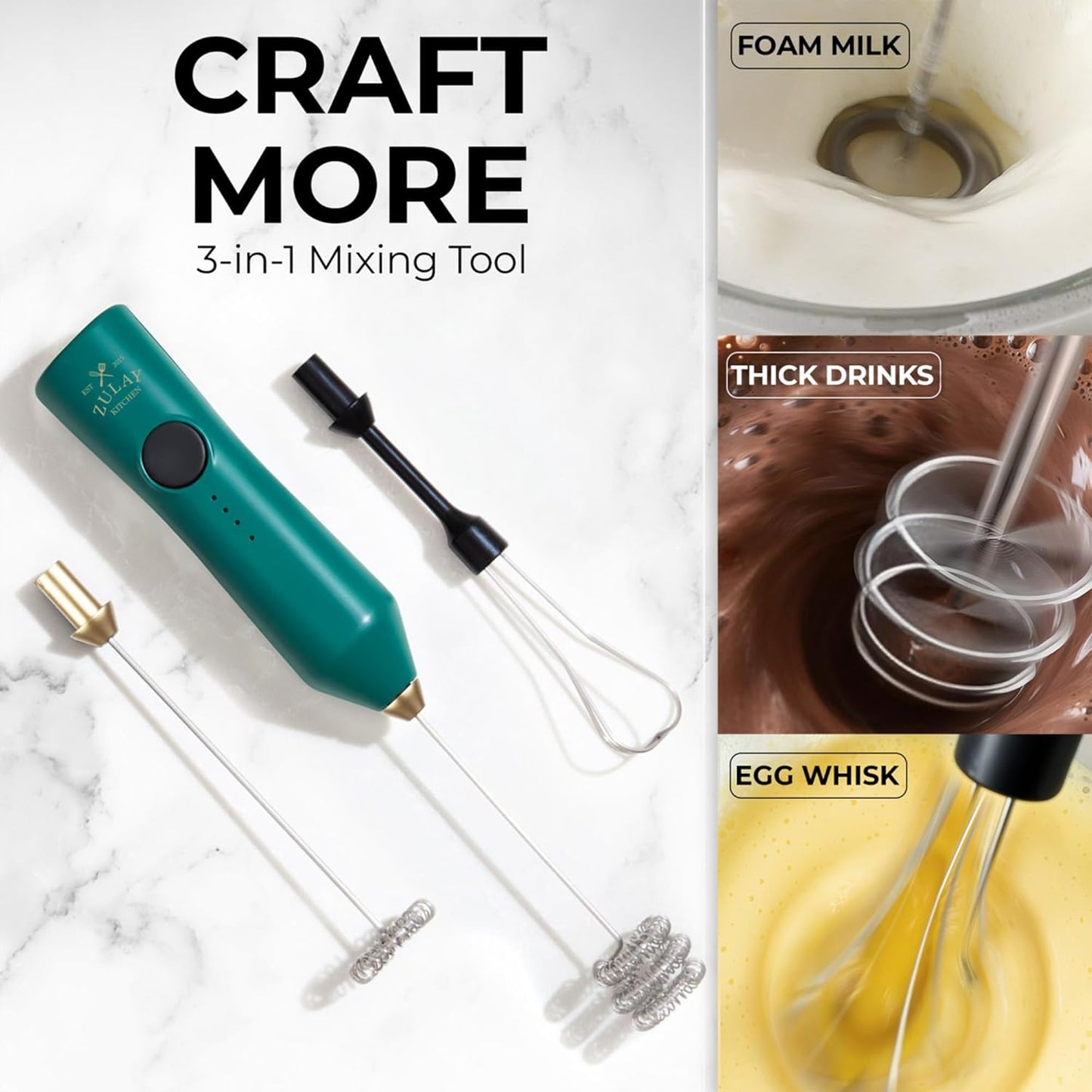Zulay Kitchen Powerful Milk Frother Wand With Duracell Batteries - Ultra Fast Handheld Drink Mixer - Electric Whisk Foam Maker for Coffee, Lattes, Cappuccino & Matcha - Z1 Motor - Black - Colors D