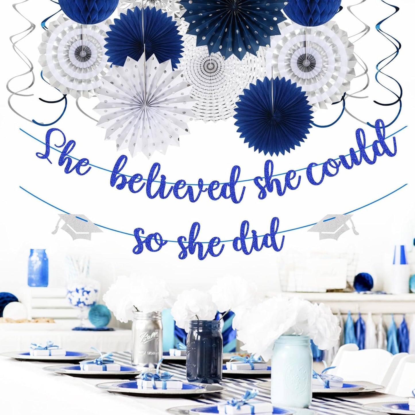Navy-Blue White Silver Tissue Pom-Poms - 15pcs 5 Size Party Decorations Paper Flowers,Graduation Wedding Baby Bridal Shower Room Hanging Decorations Boy Birthday Party Backdrop Decor Panduola