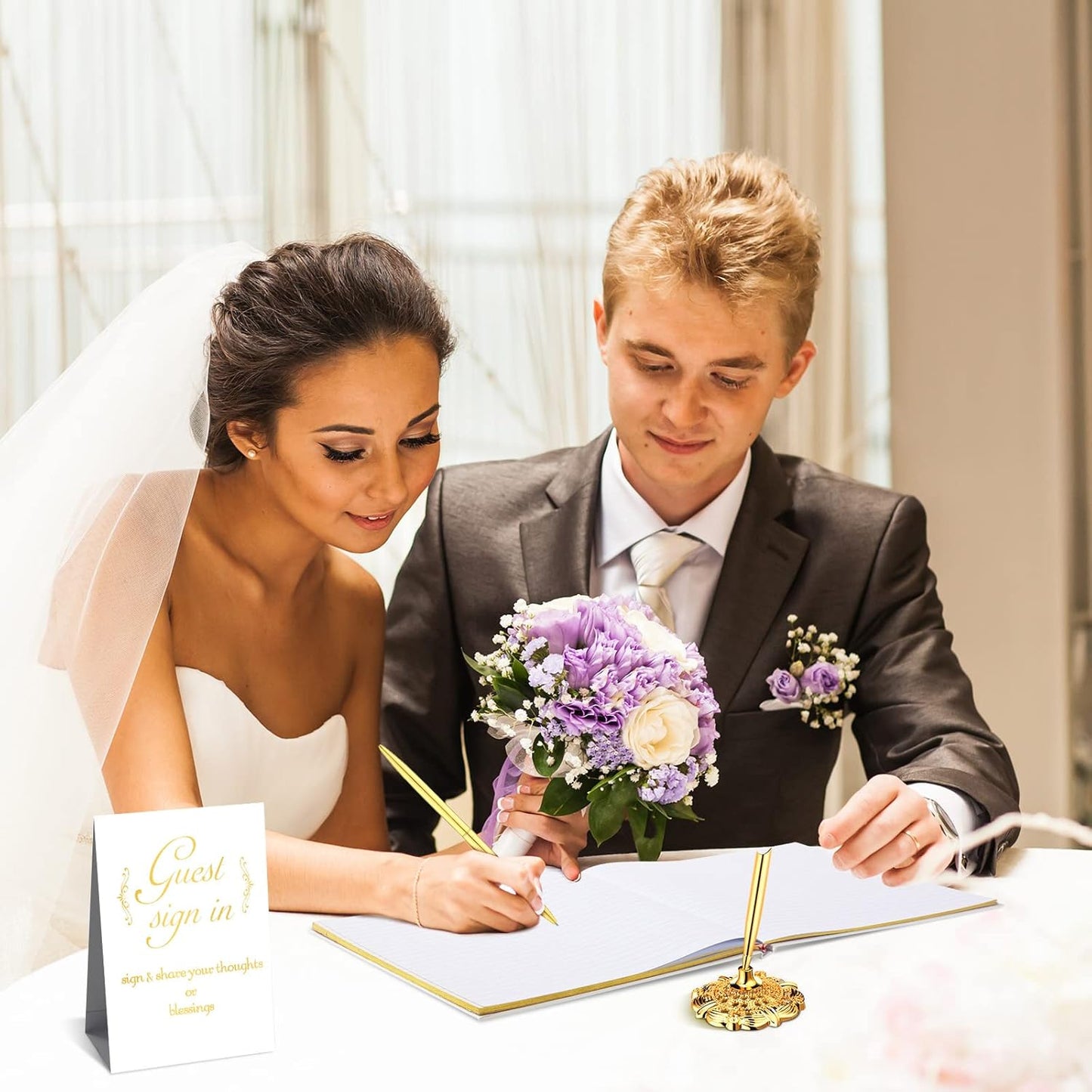 Wedding Guest Book with Pen and Table Cards, 9 x 9 Inch Guest Book Wedding Reception 50 Sheets Sign in Book Wedding Memory Book for Wedding Party Bridal or Baby Shower Guest Visitor (Elegant Style)