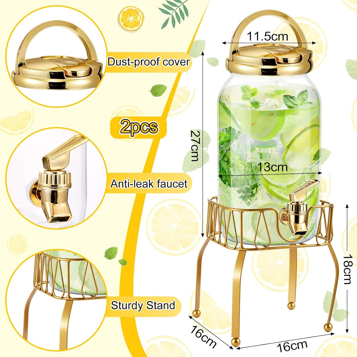 Tanlade 2 Pcs Plastic Drink Dispenser with Stand Beverage Dispenser with Sturdy Metal Base Juice Jar for Parties Lemonade Jar Spigot for Weddings Countertop Water, Each 1 Gallon (Gold)