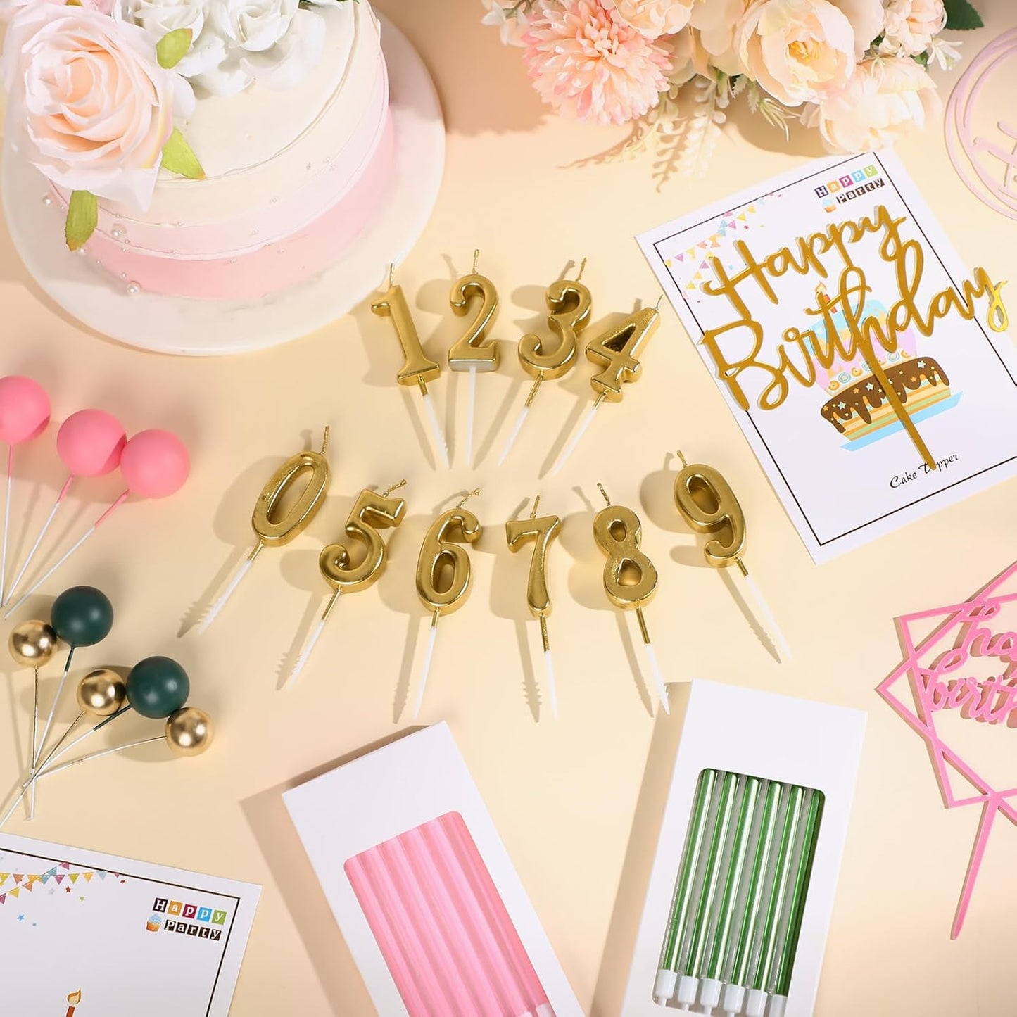 Yerliker 34 Pcs Happy Birthday Cake Toppers Decorations Birthday Candles DIY Cake Decor for Men Women Wedding Anniversary(Gold)