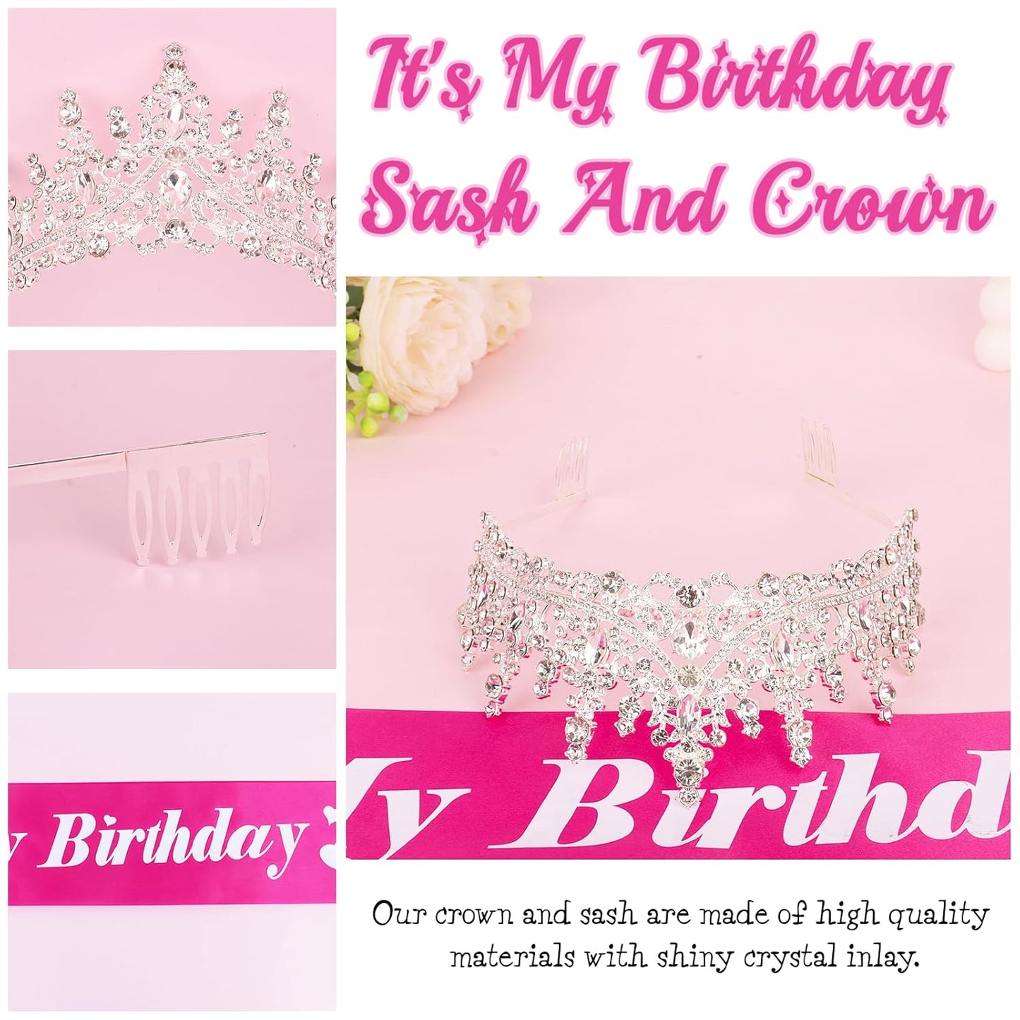 CURASA Birthday Tiara and Sash - Silver Birthday Crown for Women, Perfect for Parties and Celebrations