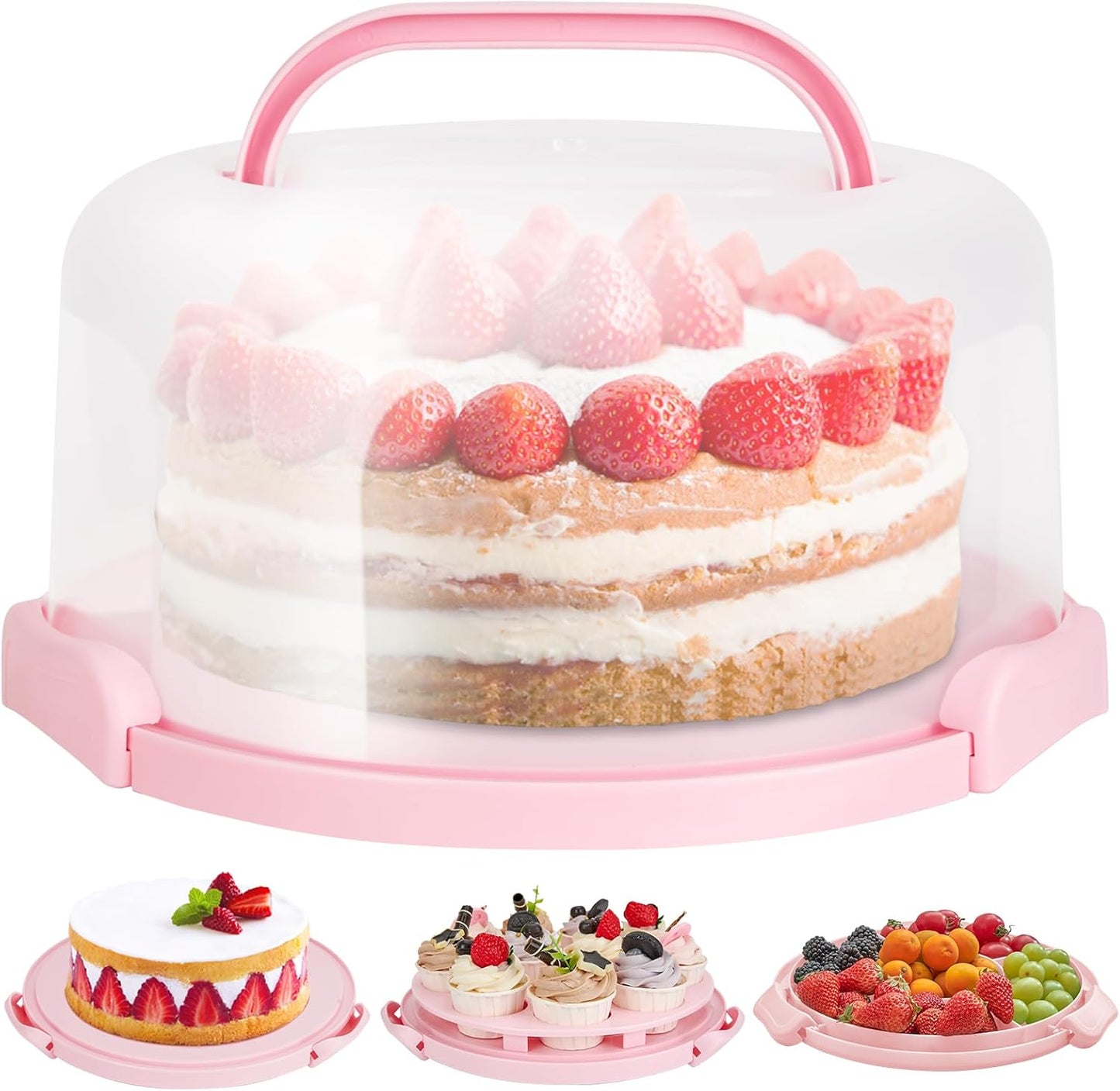 Cake Carrier with Lid and Handle, Ohuhu BPA-Free Cake Containers Cake Holder for 10 inch Cake with 2 Handle Cupcake Carrier - Plastic Cover Two Sided Base for Transport Pie Nut Fruit Mothers Day Gifts