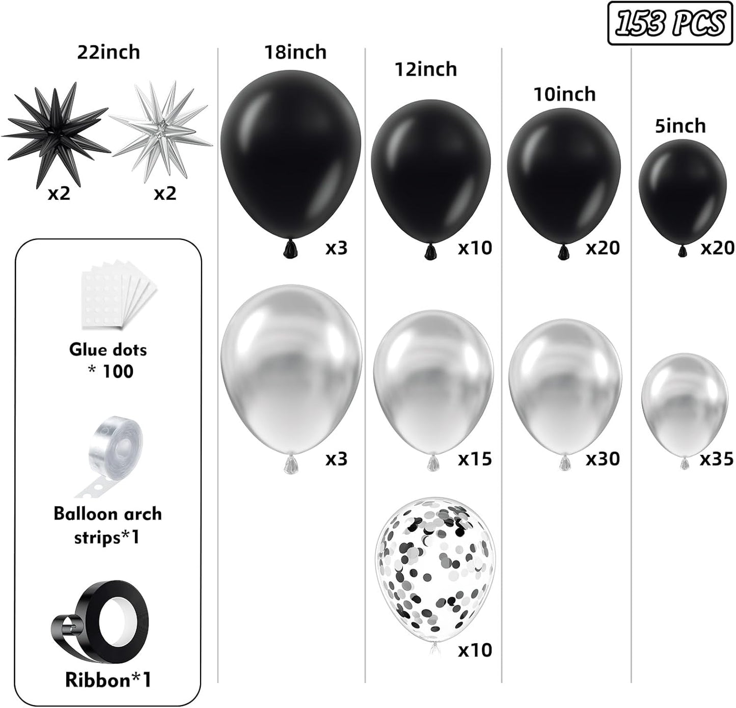 153Pcs Black and Silver Balloons Garland Arch Kit with Stars - 22 18 12 10 5 inch Different Size Black Metallic Silver Confetti Latex Balloon for Birthday Graduation New Year Party Decorations