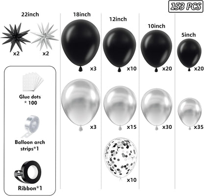153Pcs Black and Silver Balloons Garland Arch Kit with Stars - 22 18 12 10 5 inch Different Size Black Metallic Silver Confetti Latex Balloon for Birthday Graduation New Year Party Decorations