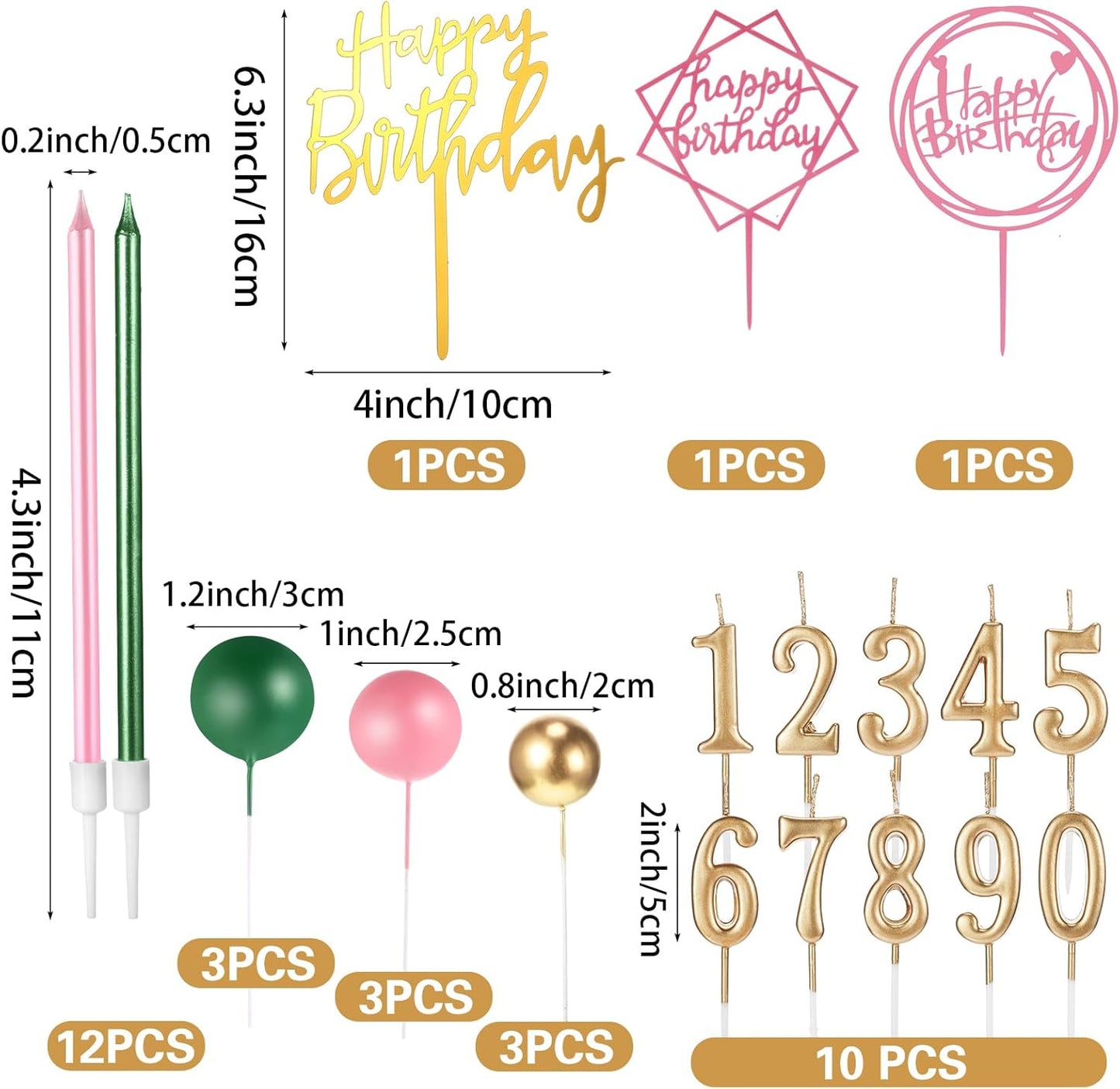 Yerliker 34 Pcs Happy Birthday Cake Toppers Decorations Birthday Candles DIY Cake Decor for Men Women Wedding Anniversary(Gold)