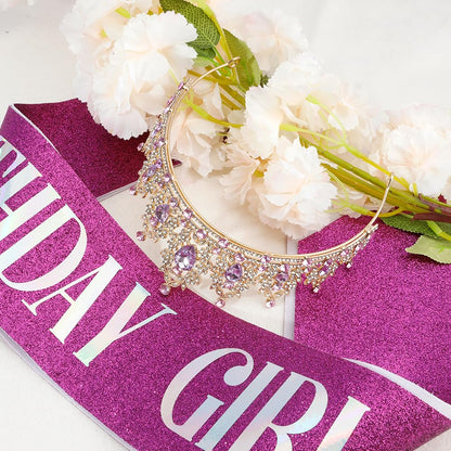 Silver Birthday Crown Headband with Sash for Women - Rhinestone Tiara for Birthday Parties