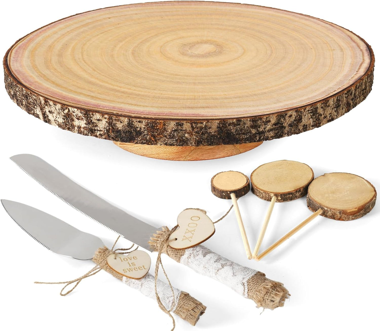 Relaxing Garden Customizable 12 Inch Rustic Wood Cake Stand Set with Bark Edge, Cake Knife & Server + Blank Wood Slice Topper — Cake Display for Weddings, Birthdays, Showers & Holiday Celebrations