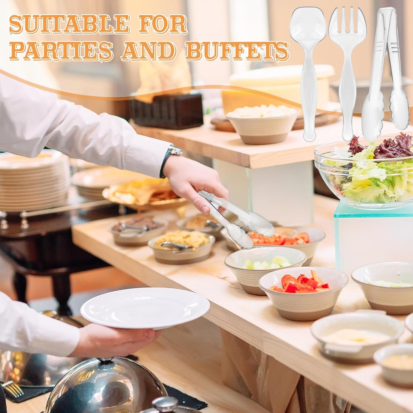 30 Pcs Clear Plastic Serving Utensils Set - Includes 10 Spoons, 10 Tongs, 10 Forks - Heavy Large Disposable Serving Utensils for Parties, Holidays & Events (Clear)