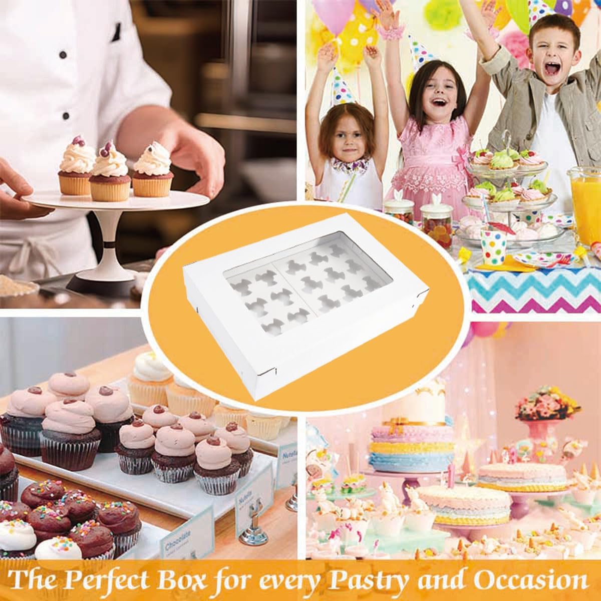 6 Pack Cupcake Boxes with Window for 24 Standard or Mini Cupcakes Corrugated Adjustable Height Bakery Box for Cake,Cookies,Donuts,Muffins&Other Pastries（17.7x11.8x4 Inch）