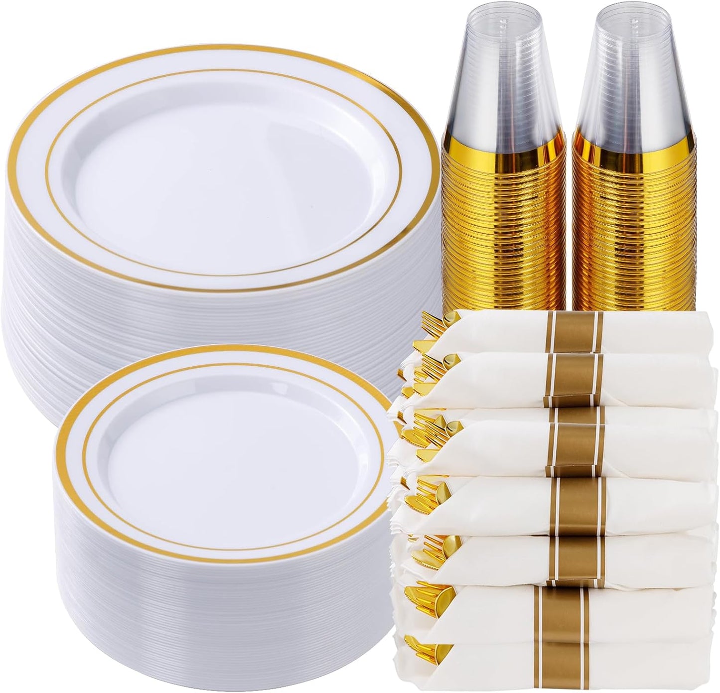 Goodluck 350 Piece Silver Plastic Dinnerware Set for 50 Guests, Fancy Disposable Plates for Party, Include: 50 Dinner Plates, 50 Dessert Plates, 50 Pre Rolled Napkins with Silver Silverware, 50 Cups