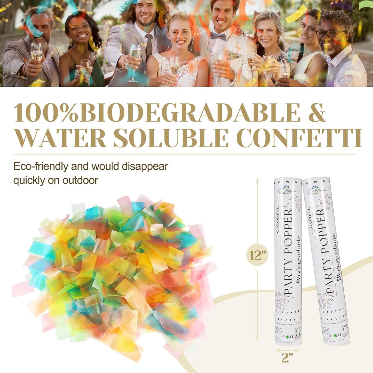 White Mix Gold Rice Confetti Cannon,6Pack Biodegradable Mulitcolor Confetti Poppers Party Shooters,12inch Party Poppers For Lawns Wedding,Birthday,Celebrations,Photo Shoots and New Years.