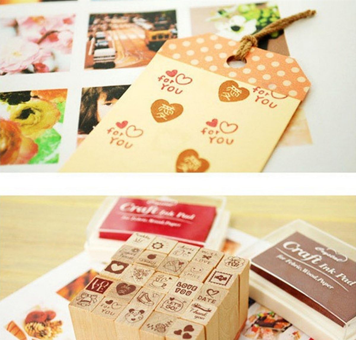Pack of 25 Pcs Small Green Happy Life Shape Wooden Rubber Stamps with Box for DIY Craft Card and Photo Album (Green)