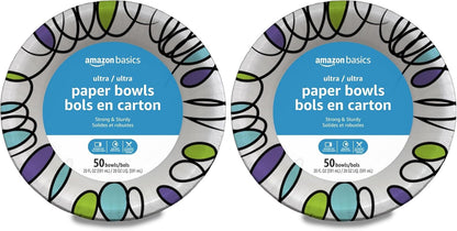 Amazon Basics Ultra Disposable Paper Bowls, 20 Oz, Microwave Safe, Soak Proof, Strong & Sturdy, White, 50 Count