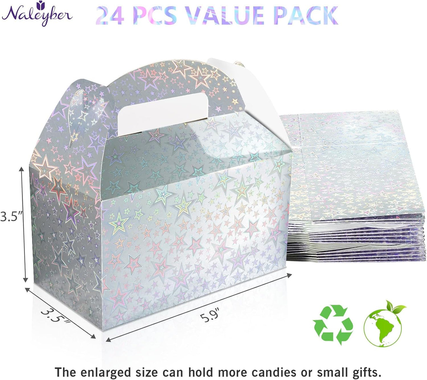 Naleyber Iridescent Star Party Favor Treat Box, 24pcs Holographic Gable Boxes for Candy Snacks Gifts, Shiny Goodie Boxes for Birthday parties