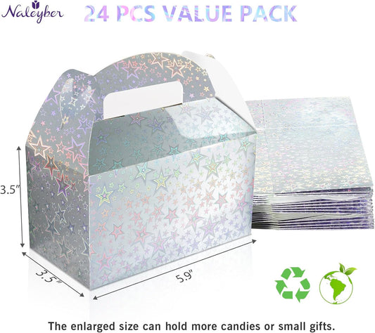Naleyber Iridescent Star Party Favor Treat Box, 24pcs Holographic Gable Boxes for Candy Snacks Gifts, Shiny Goodie Boxes for Birthday parties