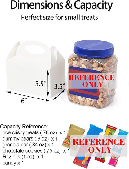 Happyhiram 50 Pcs Party Treat Boxes - White, 6 Inch Candy Boxes with Handle - Paper Cookie Gift & Snack Goodie Bags for Kids Birthday, Baby Shower, Wedding