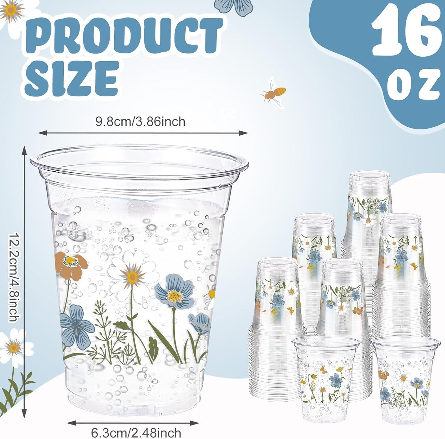 Hushee 60 Pcs Purple Floral Cups with Spring Summer Flower 16 oz Wildflowers Plastic Disposable Drinking Cups for Summer Spring Birthday Baby Shower Wedding Party Supplies