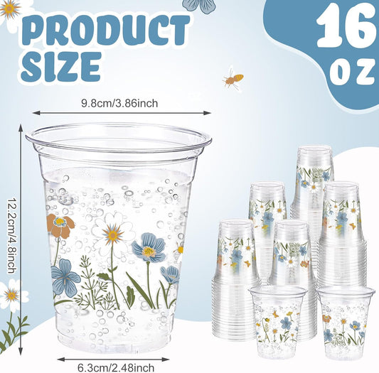 Hushee 60 Pcs Purple Floral Cups with Spring Summer Flower 16 oz Wildflowers Plastic Disposable Drinking Cups for Summer Spring Birthday Baby Shower Wedding Party Supplies