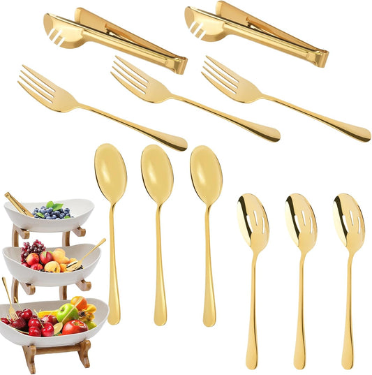 Serving Utensils for Buffet Set of 11, UOIXPUHUO large Stainless Steel Serving Spoon Slotted Spoon Serving Fork and Serving Tong for Catering Supplies Buffet Catering Banquet Party (Gold)