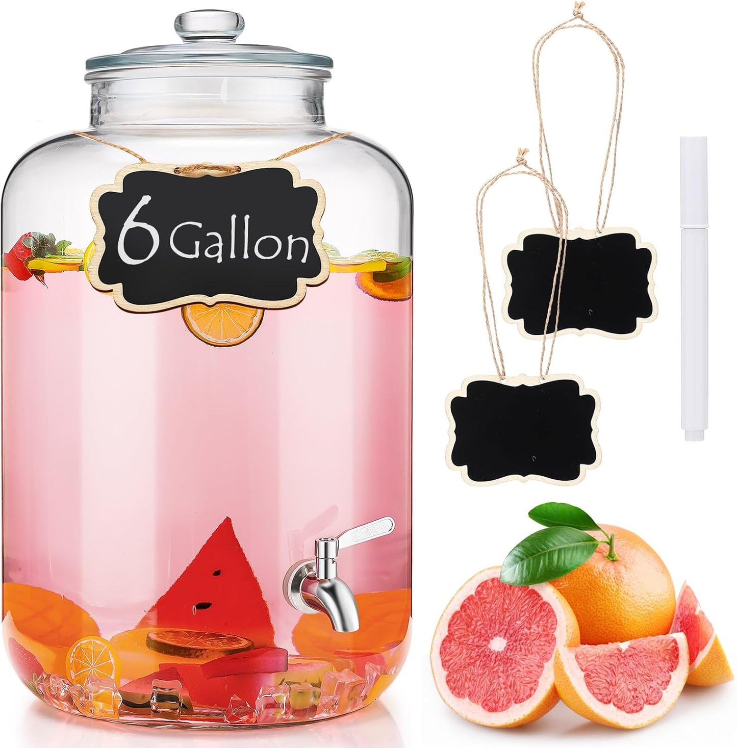 Baderke 5 Gallon Glass Drink Dispenser for Parties Beverage Dispensers Glass Water Dispenser with18/8 Stainless Steel Leakproof Spigot Hanging Chalkboard Signs Pen for Party Wedding (Fashion Style)
