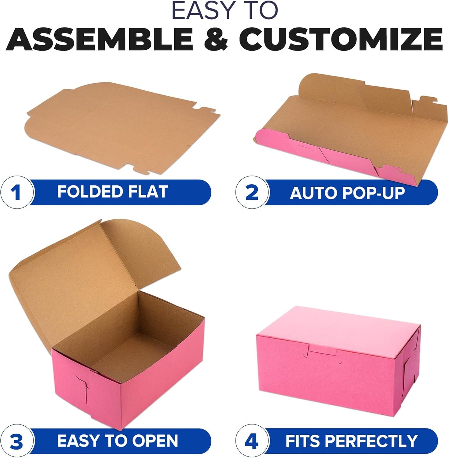 Fit Meal Prep [25 Pack] Pink Bakery Boxes 8x8x4 Pastry Box for Cupcakes, Desserts, Cookies, Candies Ideal Packaging for Bakeries and Home-made Baked Goods, Favors, and Gifts