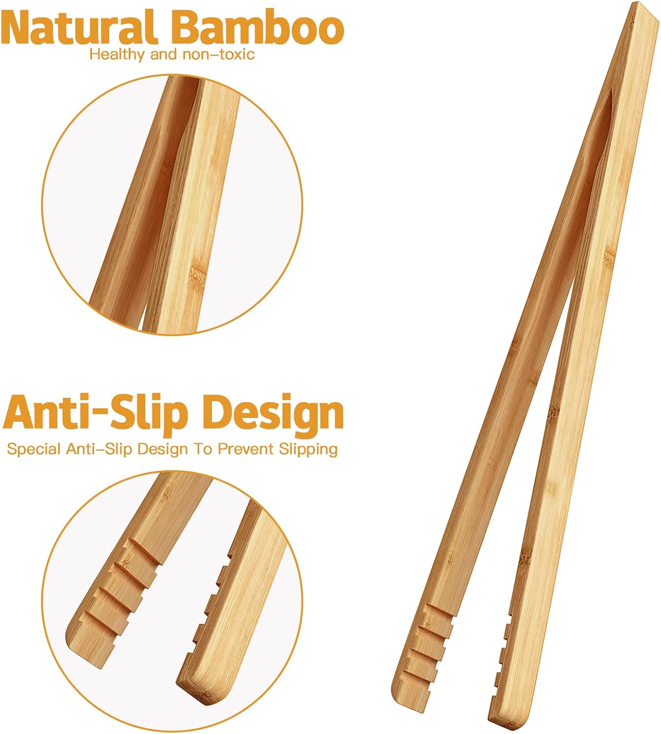 DUJEN 2 Pieces Bamboo Toast Tongs, 10.2 Inches Long Wood Toaster Tongs with Anti-slip Design, Tongs for Cooking with Cooking Oil Coating