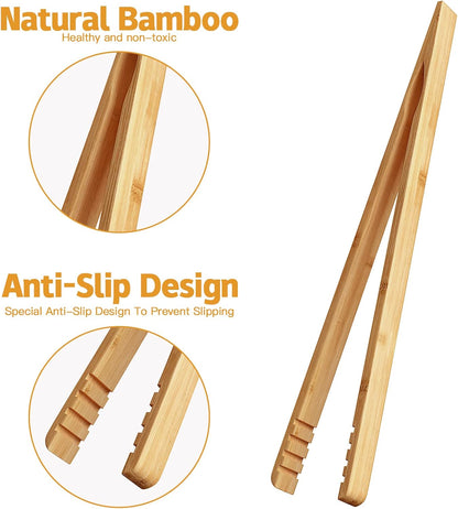 DUJEN 2 Pieces Bamboo Toast Tongs, 10.2 Inches Long Wood Toaster Tongs with Anti-slip Design, Tongs for Cooking with Cooking Oil Coating