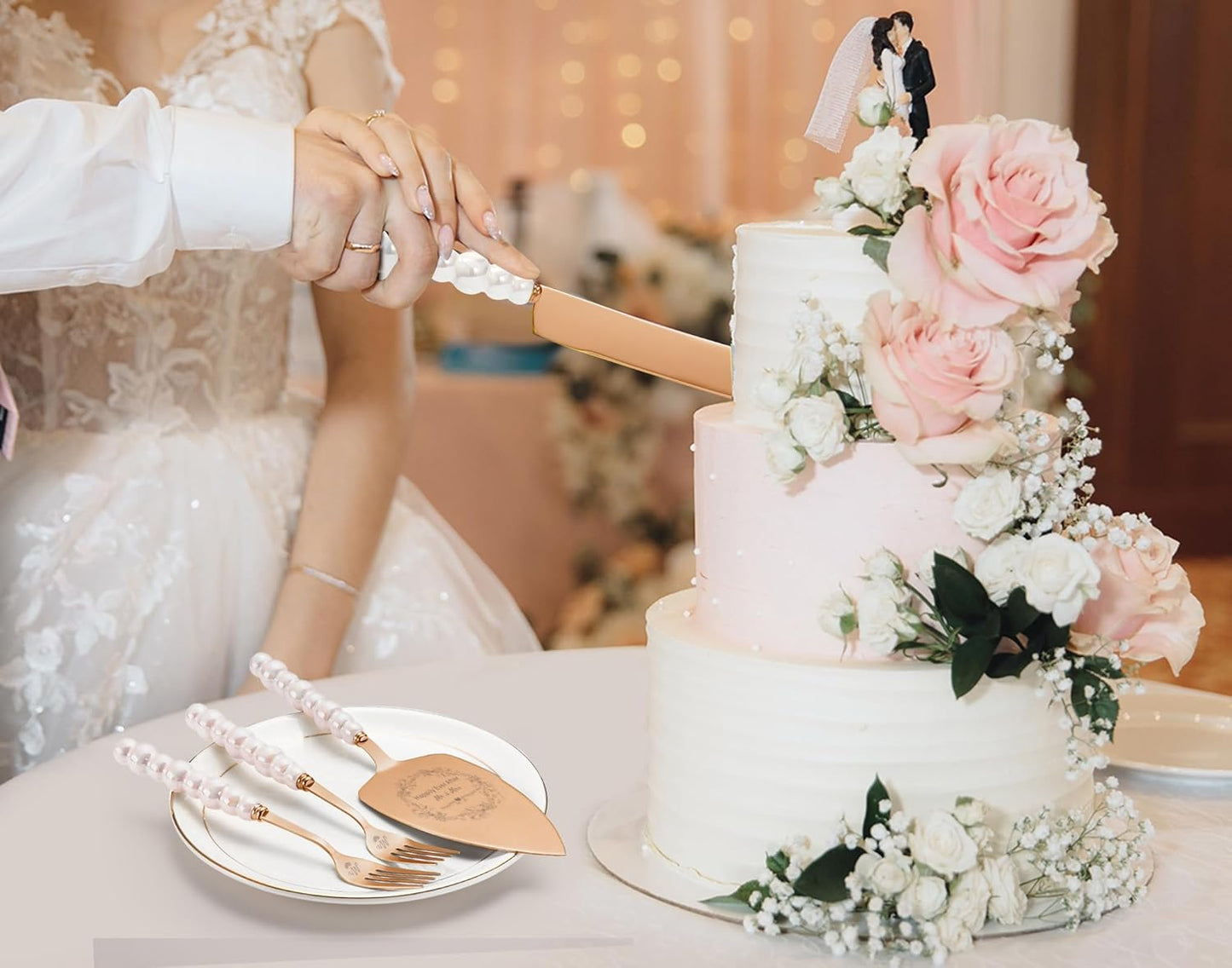 Wedding Cake Knife and Server Set, Gold Ceramic Pearl Handle Cake Cutting Set for Weddings, Engagements, Anniversaries, and Engagement Gifts for Couples