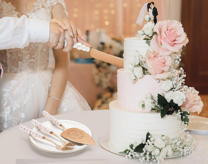 Wedding Cake Knife and Server Set, Gold Ceramic Pearl Handle Cake Cutting Set for Weddings, Engagements, Anniversaries, and Engagement Gifts for Couples