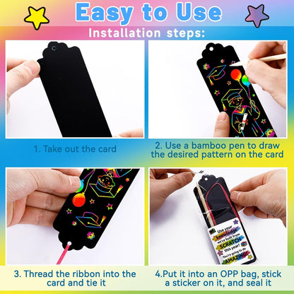 60 Set End of Year Gifts Magic Scratch Rainbow Bookmarks Making Kit, Scratch Paper DIY Bookmarks with Bamboo, Scratch Art Bookmark Craft for School Party Favor