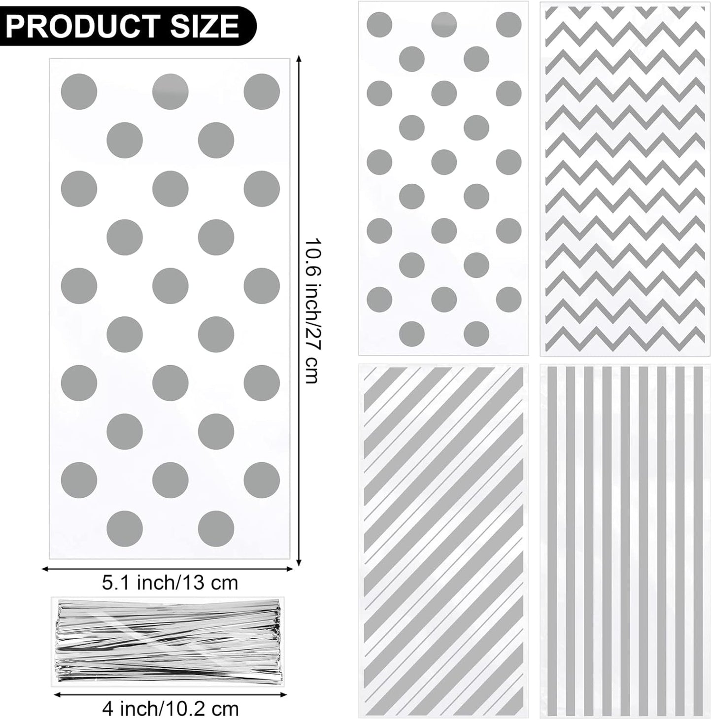 Aodaer 100 Pieces 10.6 x 5.1 In White Cellophane Bags Plastic Candy Gift Bag Cellophane Treat Bags with Twist Ties Stripes Polka Dot Printed Pattern Goodie Bag for Birthday Weddings Party Favors